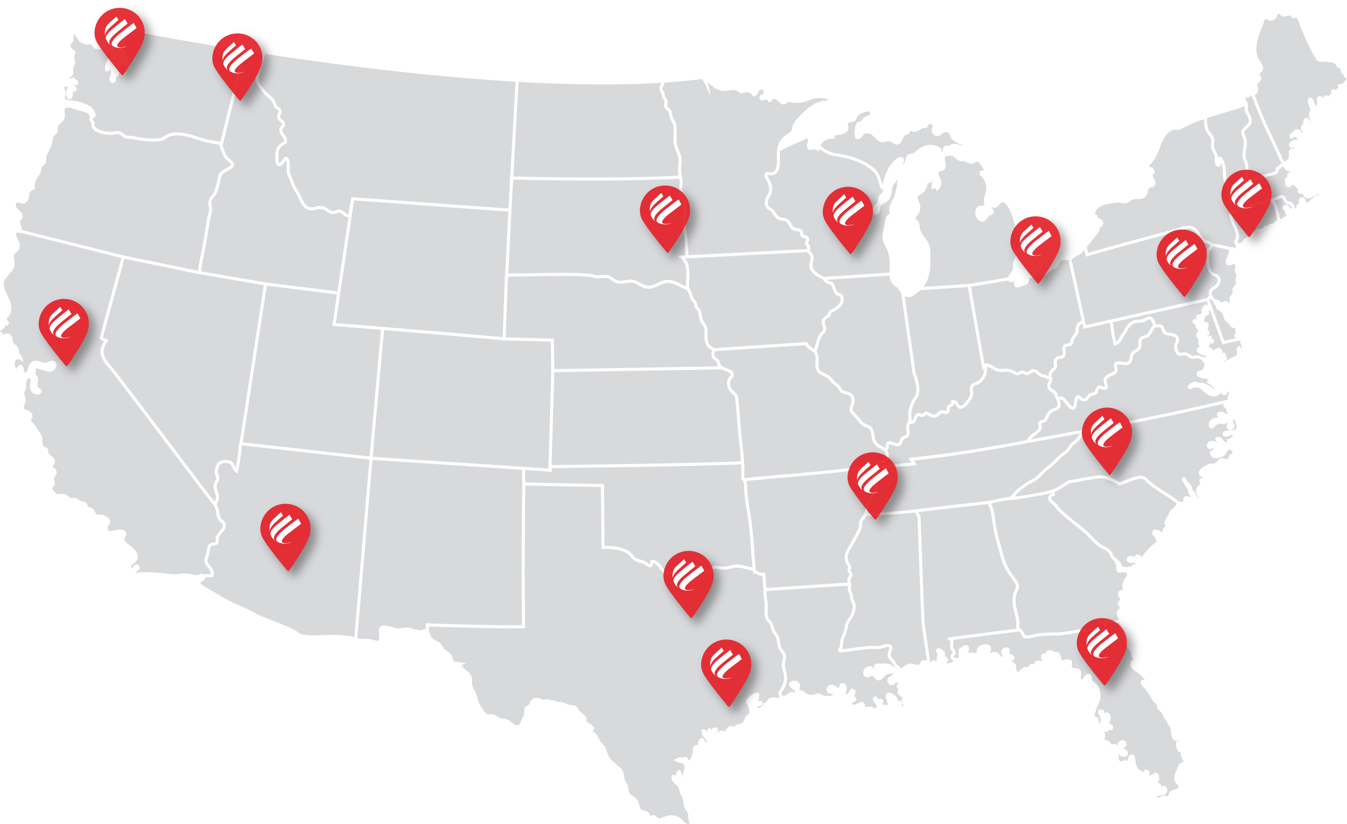 Map of the United States with 14 location pins placed in the areas and states where Therm-All's facilities are located.